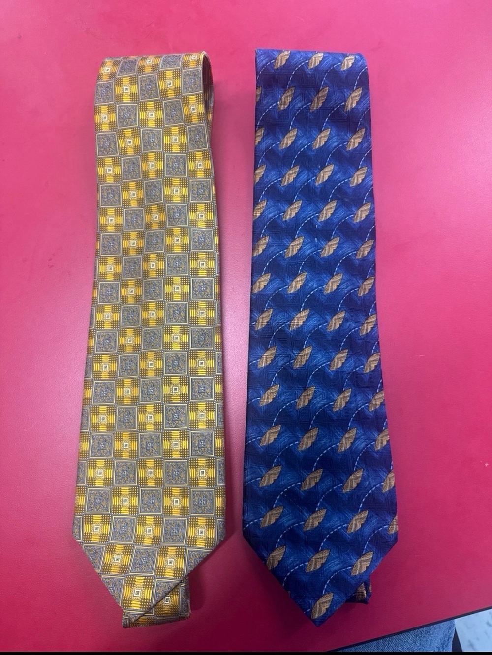 Robert Talbott Yellow Geometric and Blue Leaf Silk Tie Pair